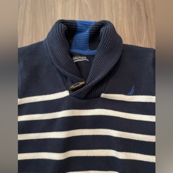 Nautica Boys Blue and White Striped Shawl Collar Sweater size L - Picture 4 of 6